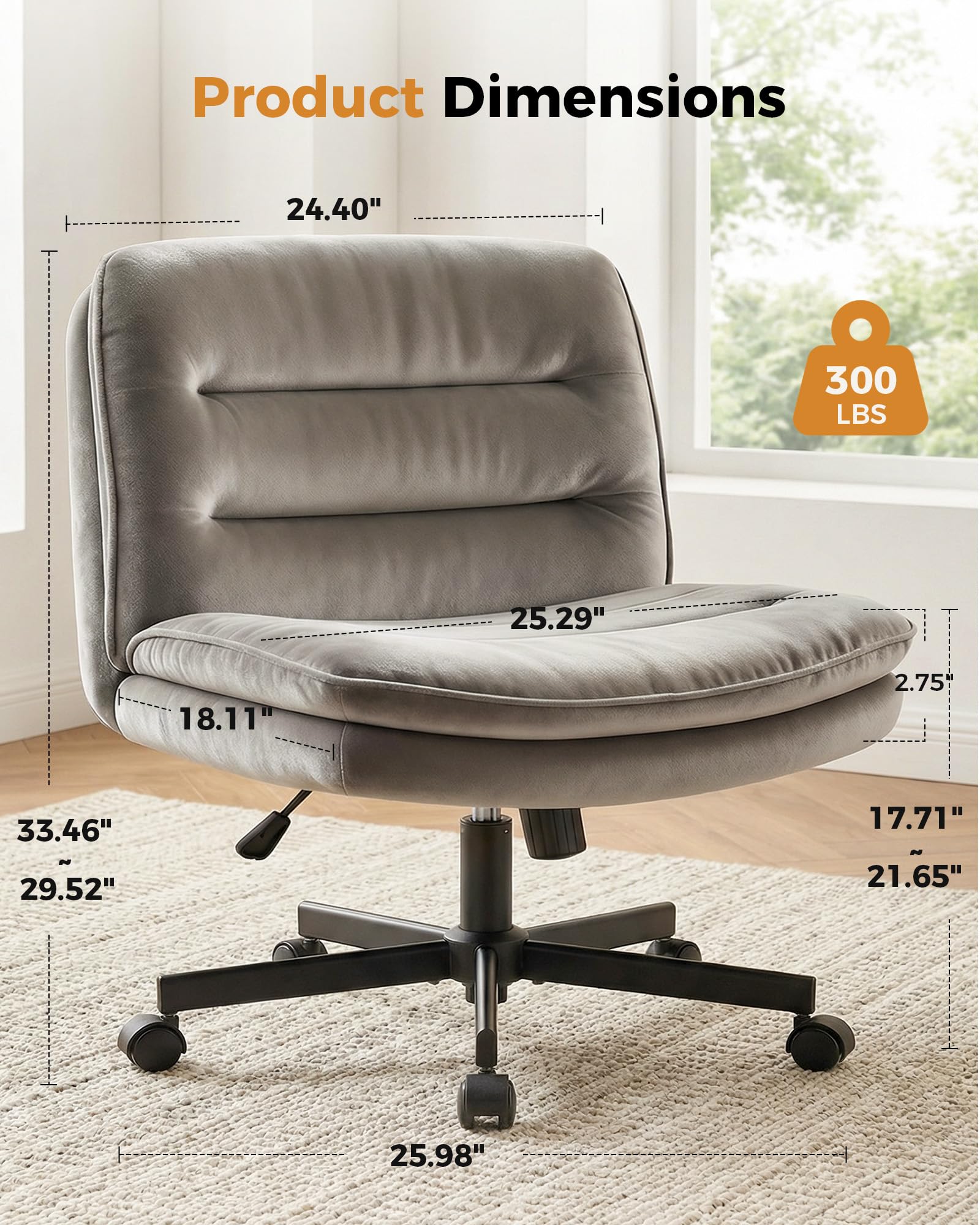 Criss Cross Office Chair with Wheels Armless Desk Chair Comfy, Modern Vanity Chair for Home Bedroom, Comfortable Wide Seat for Lower Back Pain Relief, Soft Velvet, Gray
