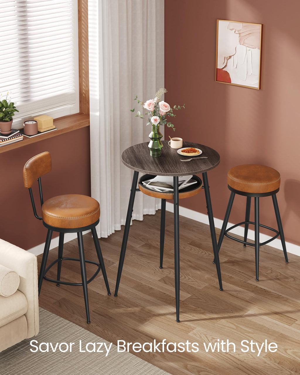 Bar Table with Storage, Round High Pub Table, Synthetic Leather with Stitching, Mid-Century Modern, Kitchen Home Bar, Living Room, Easy Assembly, Ash Brown and Caramel Brown