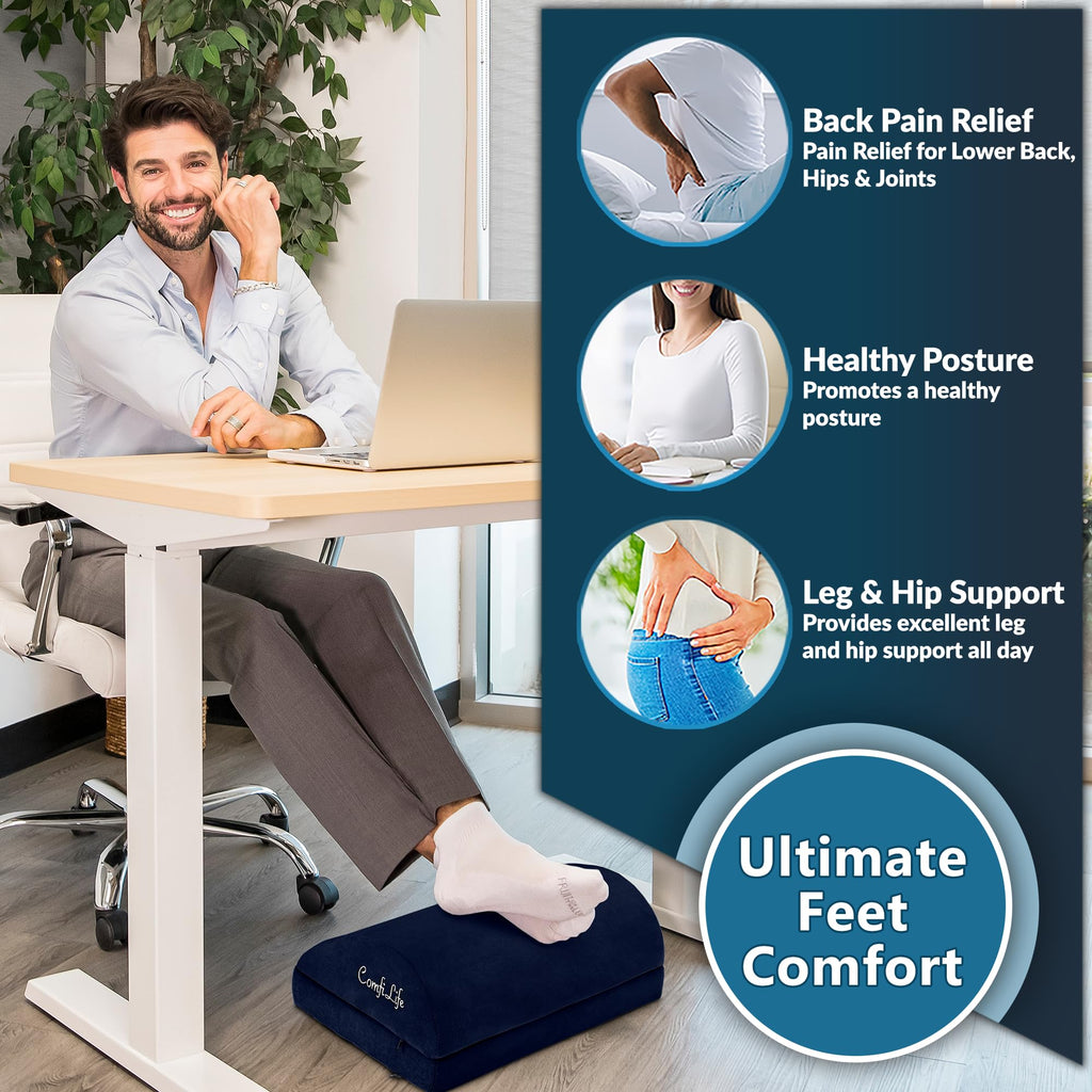 Foot Rest for Under Desk at Work – Adjustable Desk FootRest for Office Chair, Gaming Accessories – Ergonomic Teardrop Design for Back, Hip & Leg Pain Relief – 100% Memory Foam (Navy)