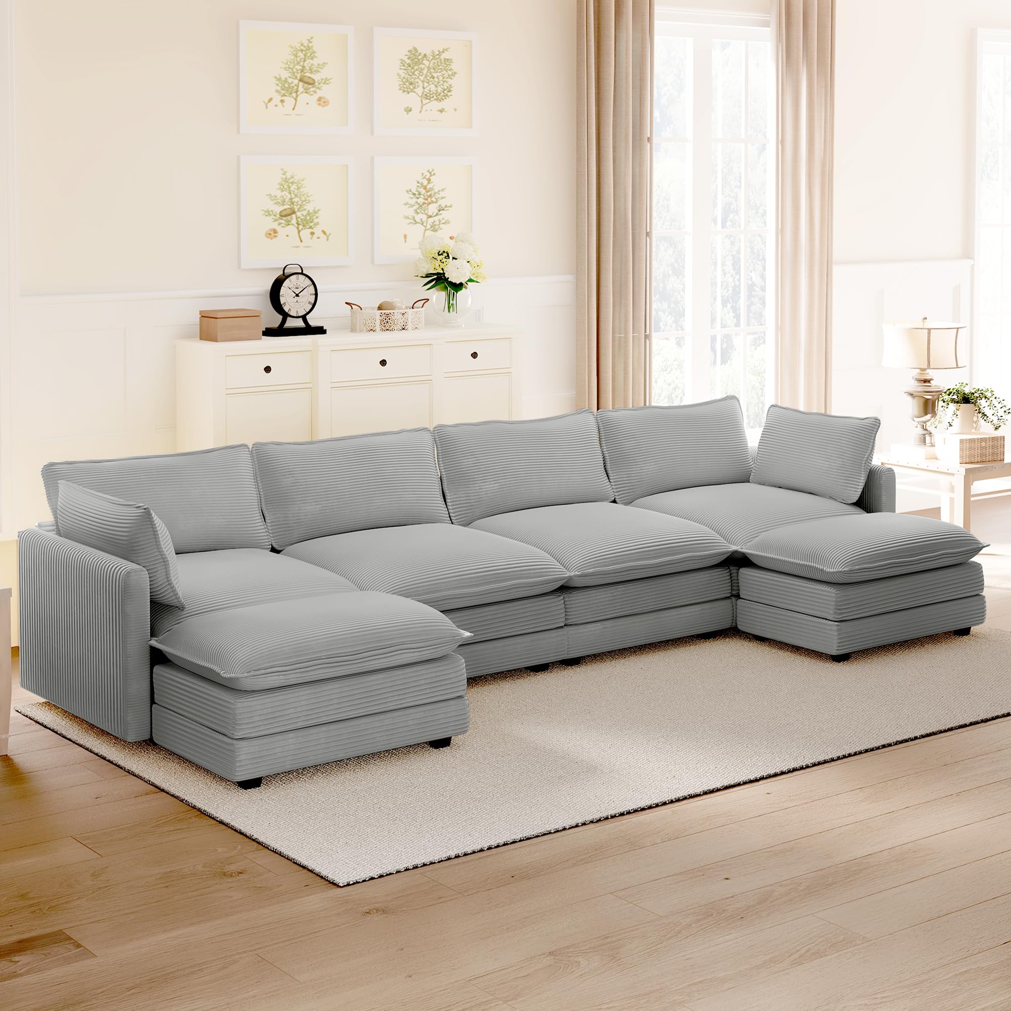 148'' Sectional Cloud Couch with 2 Ottomans, Oversized 4 Seat Sleeper Sofa with 2 Throw Pillows, Convertible Upholstered U Shaped Cozy Sofa Furniture Set for Living Room and Office, Light Grey