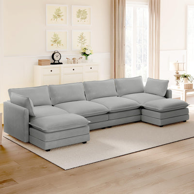 148'' Sectional Cloud Couch with 2 Ottomans, Oversized 4 Seat Sleeper Sofa with 2 Throw Pillows, Convertible Upholstered U Shaped Cozy Sofa Furniture Set for Living Room and Office, Light Grey