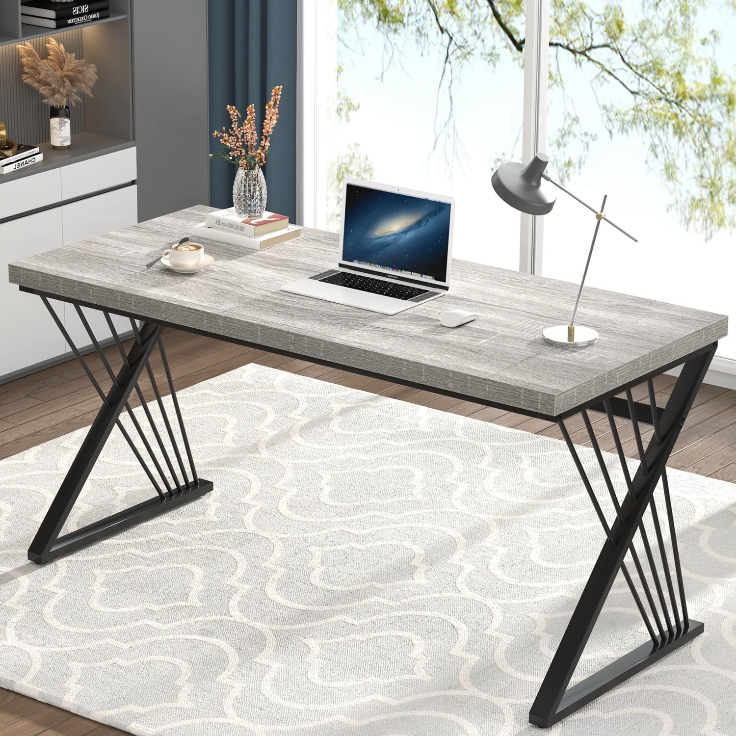 Modern Desk, Rustic Wood and Metal Computer Desks for Home Office, Simple Study Writing Work Table for Bedroom Living Room, Light Grey, 60 Inch