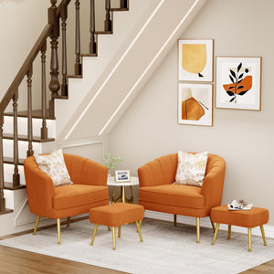 Velvet Accent Chair with Ottoman,Upholstered Modern Single Sofa Side Chair,Comfy Barrel Club Living Room Armchair with Golden Metal Legs for Bedroom Living Reading Room Office,Caramel Orange