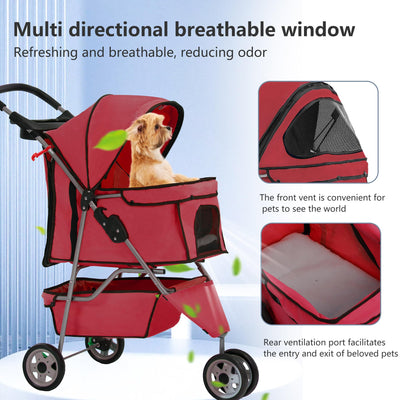 Pet Stroller 3-Wheel Durable Foldable Cat Dog Stroller with Washable Liner Storage Basket Cup Holder,Red
