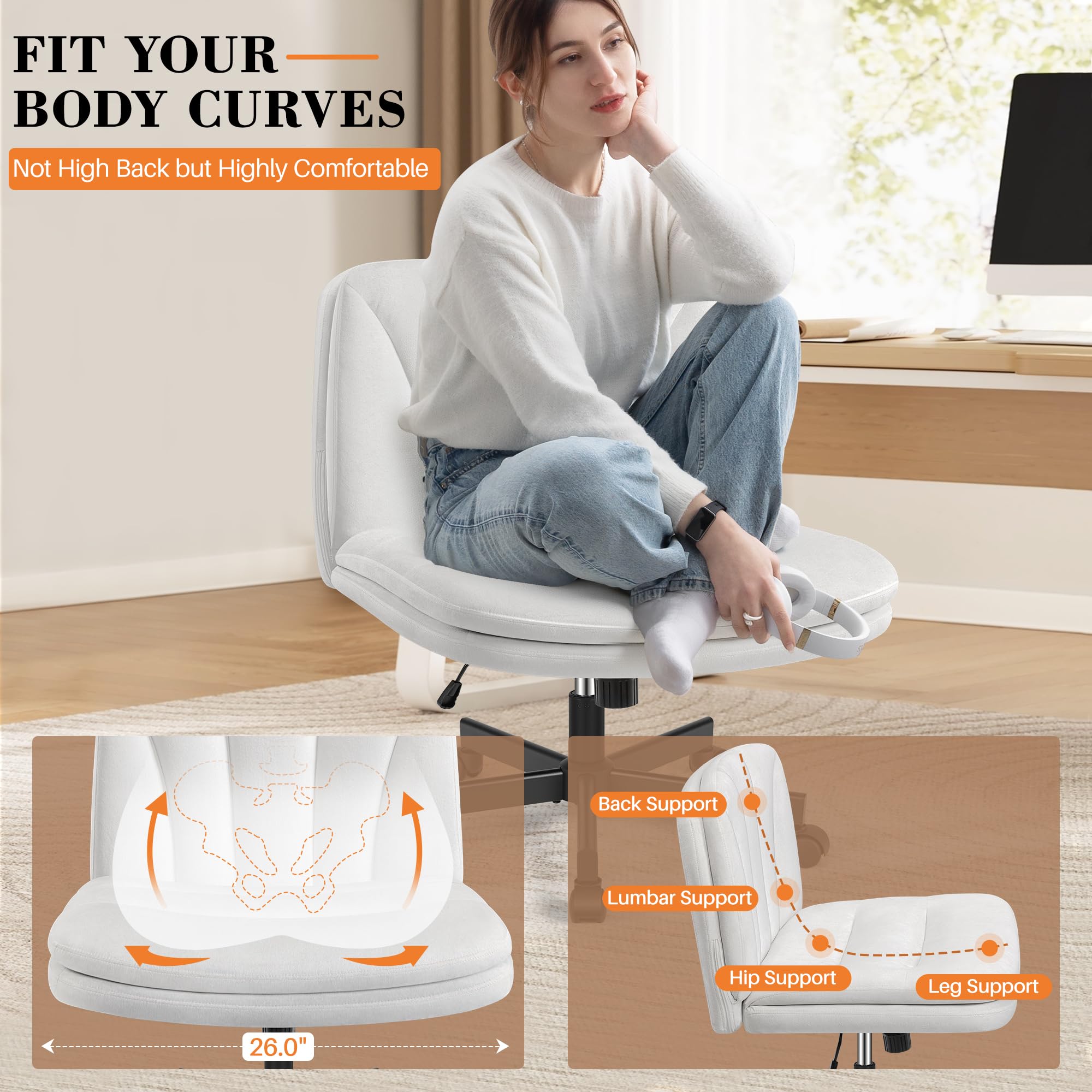Criss Cross Chair with Wheels, Cross Legged Office Chair, Armless Wide Vanity Desk Chair with Comfty Velvet & Back - Swivel Height Ajustable for Home Office Bedroom, Pearl White Velvet