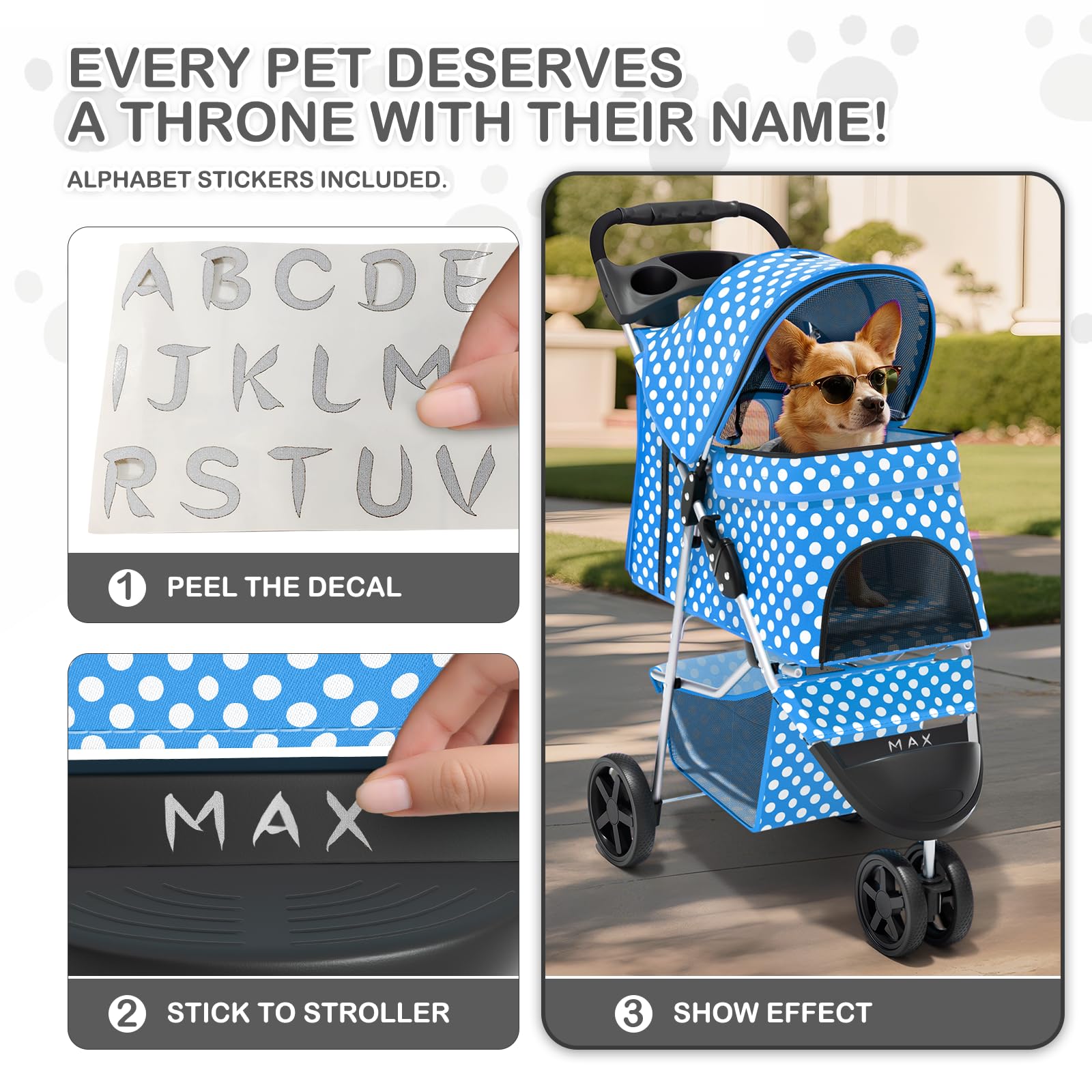 3 Wheels Pet Dog Cat Stroller for Small Medium Dogs Cats, Foldable Jogger Stroller w/Storage Basket and Cup Holder, Sky Blue Polka Dots
