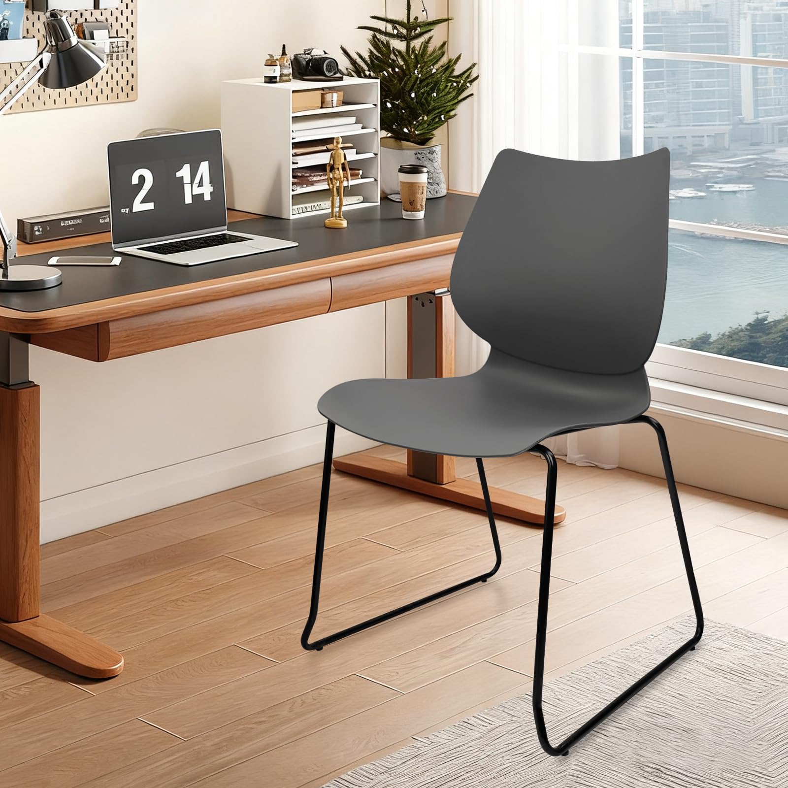 Set of 4, Grey, Stacking Waiting Room Chairs, Stacked Plastic Office Chair with Ergonomic Lumbar Support and Metal Legs for Conference School Church Guest Reception