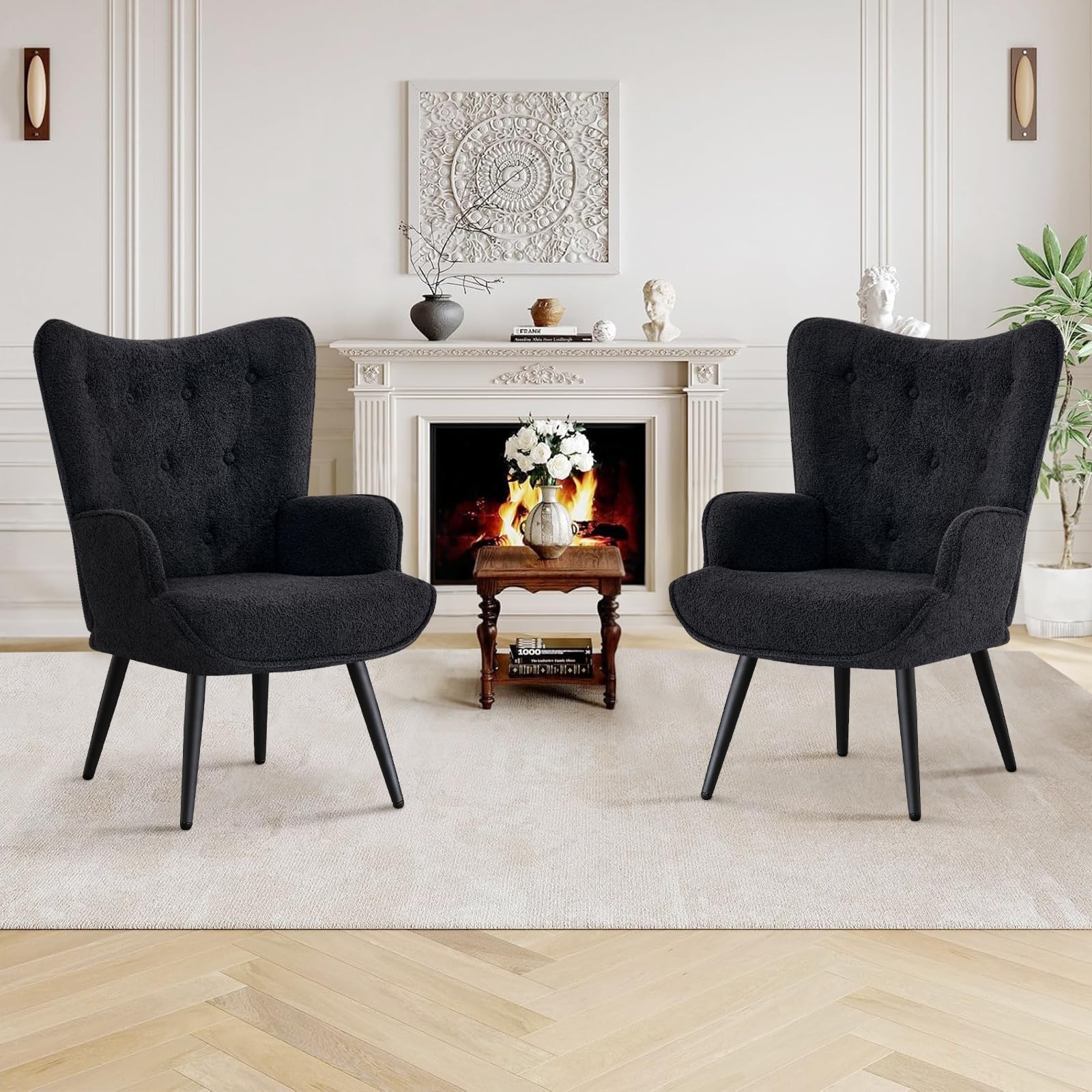 Boucle Accent Chair for Living Room, Upholstered Reading Chair with High Backrest, Tufted-Button Wingback Armchair for Bedroom, Dressing Room, Home Office, Black, Set of 2