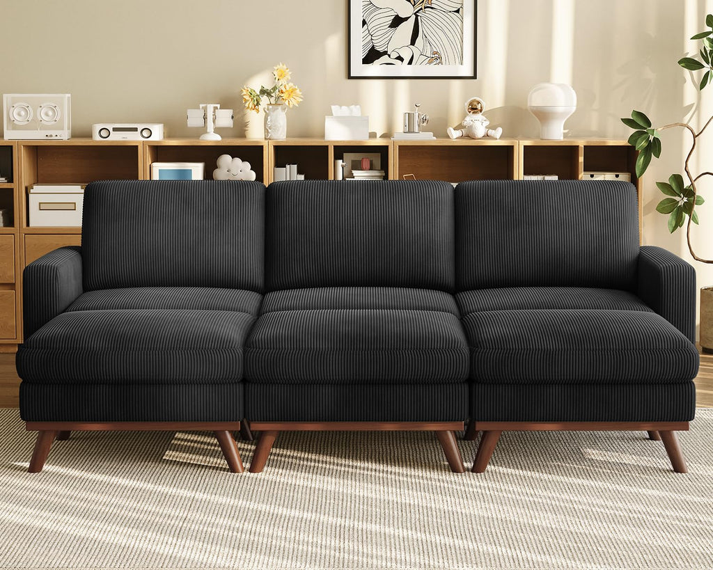 97" Modular Sectional Sofa Black, Sectional Couch with Movable Ottoman, Comfy Corduroy Couch with Spring Cushion, Modular Sofa with Deep Seat for Living Room, Bedroom and Apartment