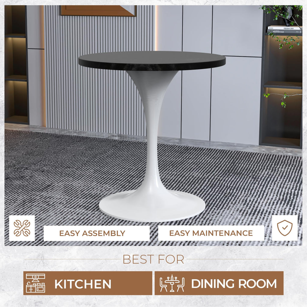 Mid-Century Modern 27 Inch Round Dining Table, MDF Wood Tabletop with White Steel Pedestal Base, Contemporary Kitchen & Dining Room Table, Small Space Breakfast Table, Black
