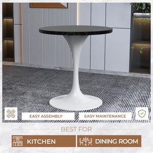 Mid-Century Modern 27 Inch Round Dining Table, MDF Wood Tabletop with White Steel Pedestal Base, Contemporary Kitchen & Dining Room Table, Small Space Breakfast Table, Black