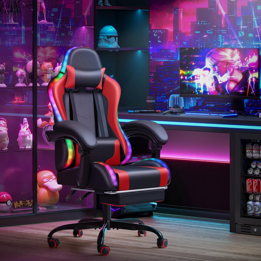 Gaming Chair, Video Game Chair with Footrest and Massage Lumbar Support, Ergonomic Computer Chair Height Adjustable with Swivel Seat and Headrest (RGB Red)