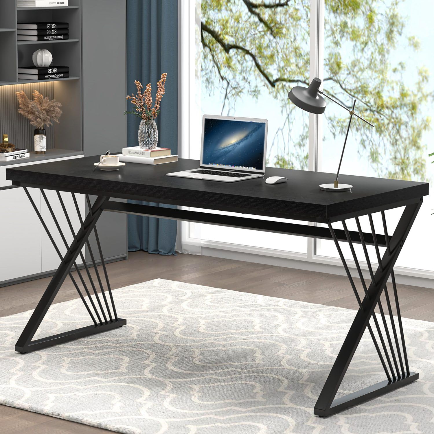 Black Desk, Modern Wood and Metal Computer Desks for Home Office, Simple Writing Work PC Desk for Bedroom, Industrial Study Gaming Table for Living Room, 60 Inch