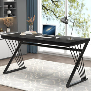 Black Desk, Modern Wood and Metal Computer Desks for Home Office, Simple Writing Work PC Desk for Bedroom, Industrial Study Gaming Table for Living Room, 60 Inch