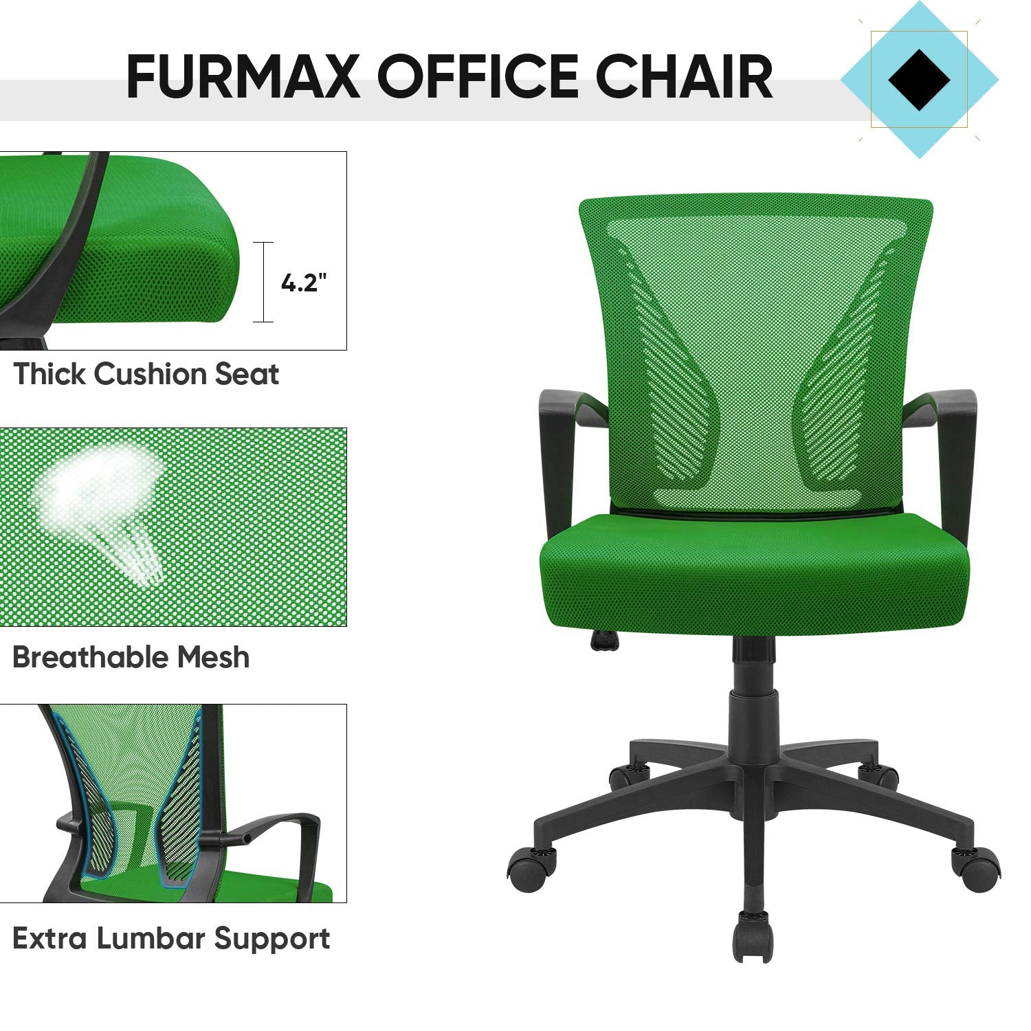 Office Chair Ergonomic Computer Desk Mesh Chair Mid Back Swivel Lumbar Support with Armrest (1, Green)