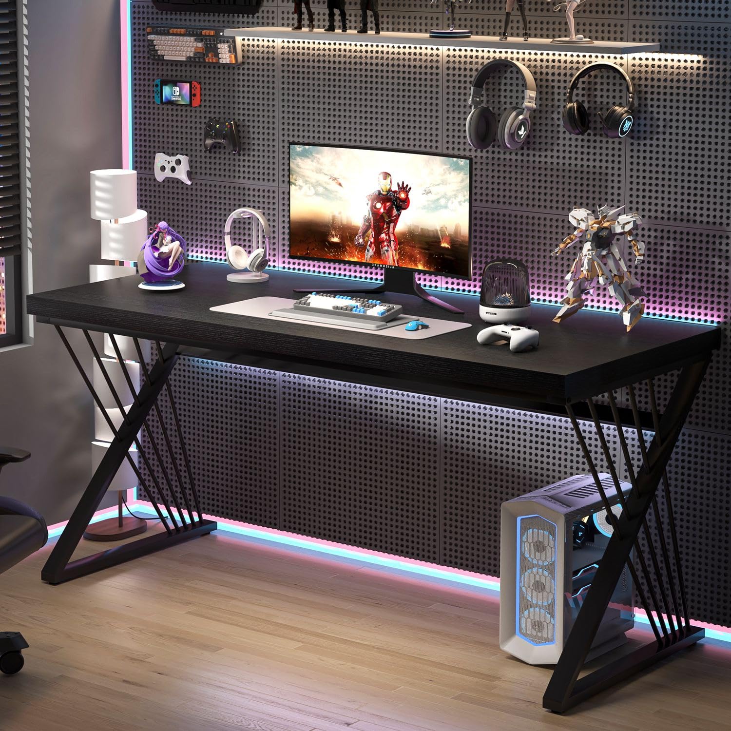 Black Desk, Modern Wood and Metal Computer Desks for Home Office, Simple Writing Work PC Desk for Bedroom, Industrial Study Gaming Table for Living Room, 60 Inch