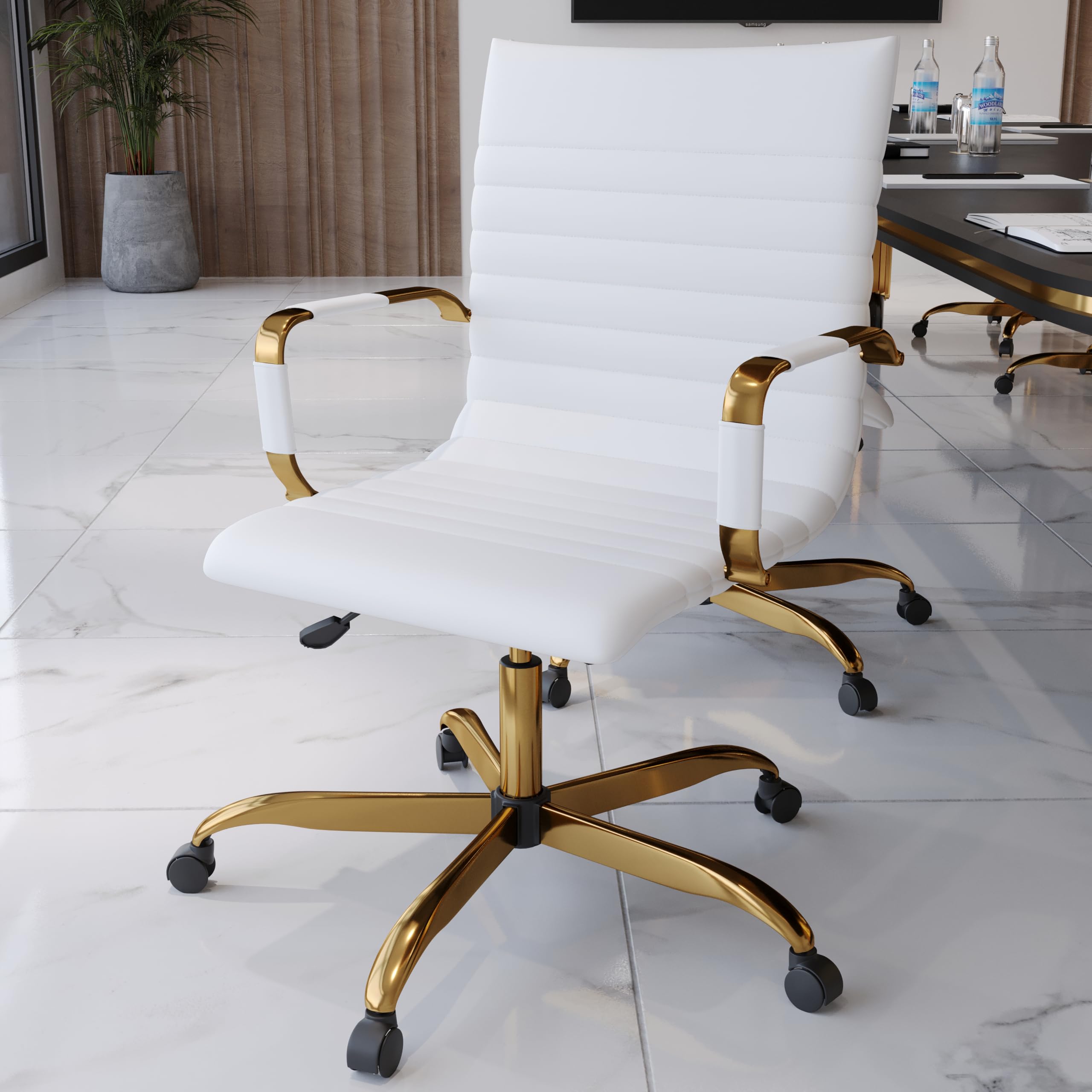 Qty 2 Modern Ergonomic Executive Office Chair, High-Back Leather Conference Desk Chair with Adjustable Height, Tilt Control, 360° Swivel & Gold Frame for Home Office
