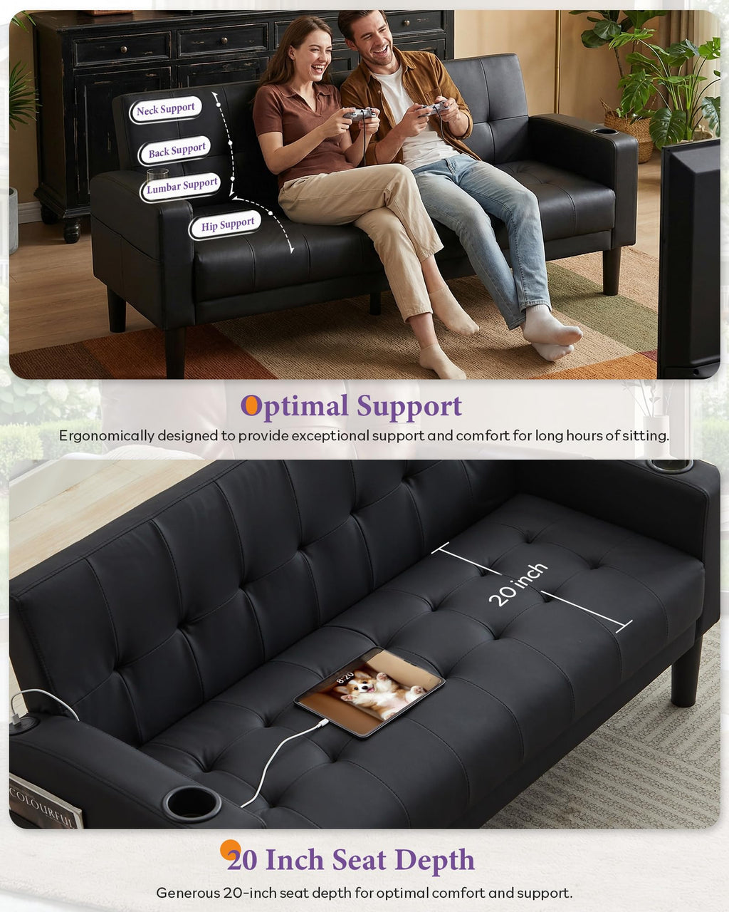 Sofa Couch 62" W Loveseat w/ 2 USB Charger Ports & 2 Cupholders, Mid-Century Modern Black LeatherTufted Small Love Seat Couches for Office,Compact Living Room,Bedroom,Apartment,Dorm (2)