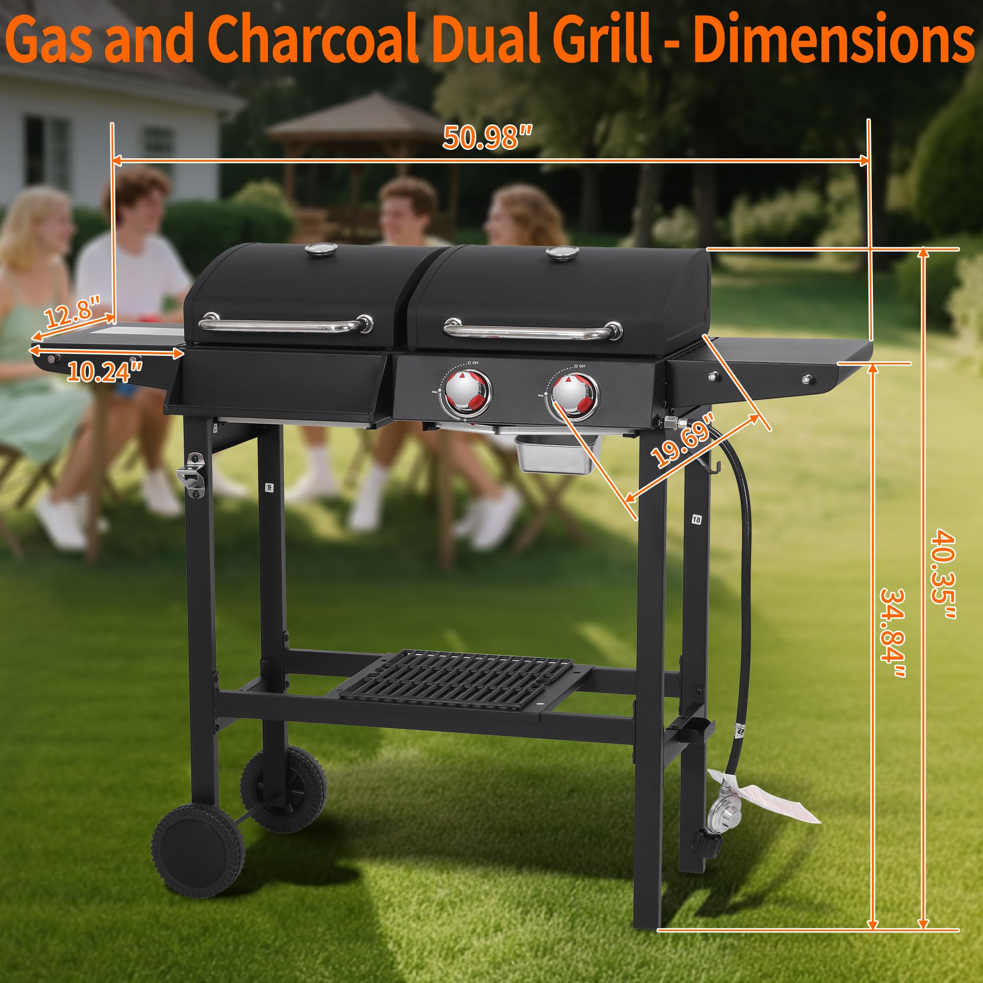 2 Burner Propane Gas & Charcoal Combo Grill with Griddle, 19100 BTU Outdoor BBQ Smoker BBQ Grill with Side Table, Cast Iron Grates, Temperature Gauge, Cart with Wheels
