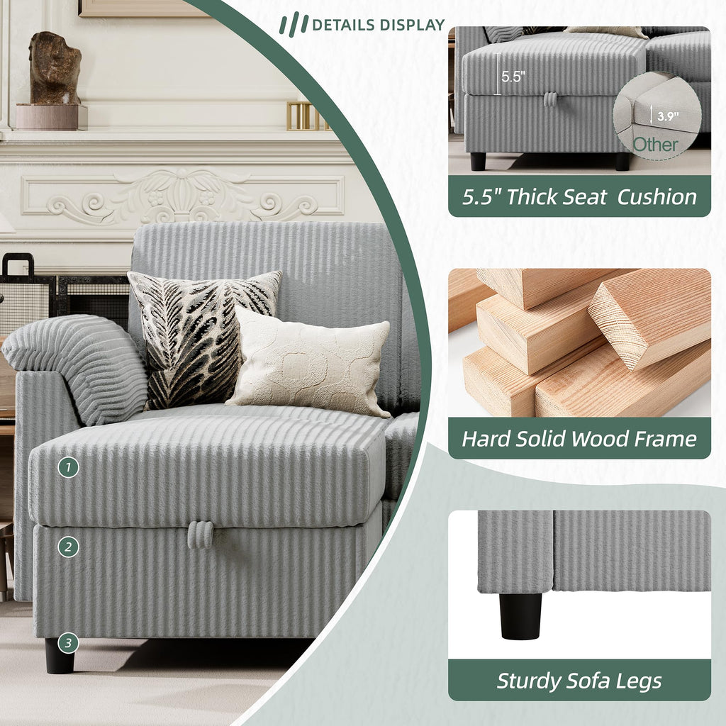 Convertible Sectional Couches Sofa, 3 Seat L Shaped Sofa with Removable Pillows Soft Corduroy Fabric Small Couch Mid Century for Living Room, Bed Room, Apartment and Office (Light Grey)