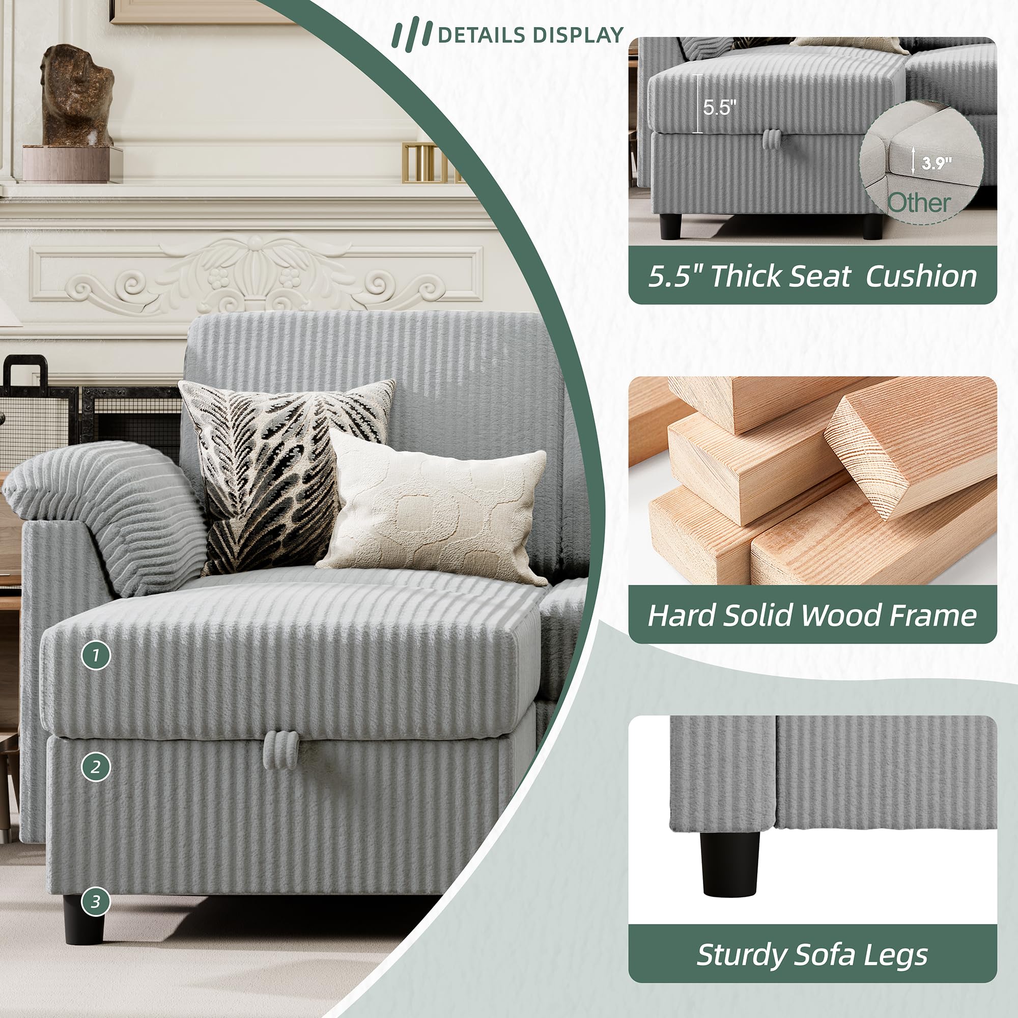Convertible Sectional Couches Sofa, 3 Seat L Shaped Sofa with Removable Pillows Soft Corduroy Fabric Small Couch Mid Century for Living Room, Bed Room, Apartment and Office (Light Grey)