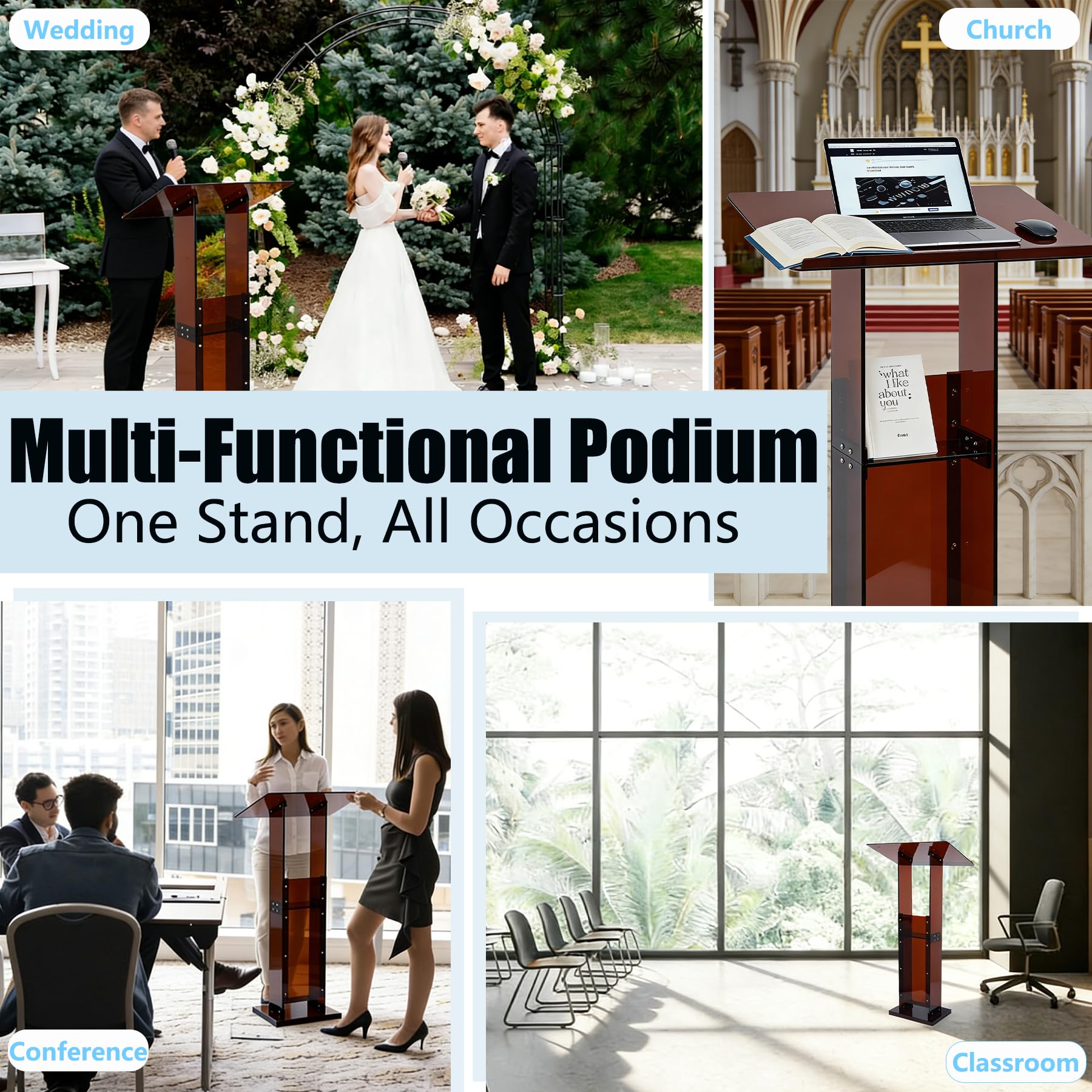 Acrylic Podium Stand 45.5" with Storage Shelf, Modern Amber Lectern Professional Presentation Podiums with Reading Platform for School, Classroom, Weddings, Conference, Concert, Events, Church