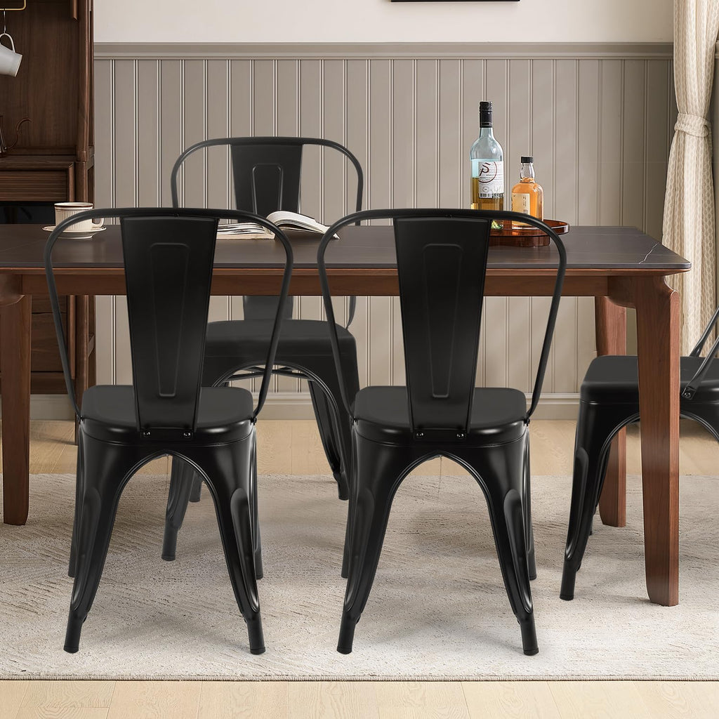 Metal Dining Chairs | Set of 4 | Black | Stackable Tolix Side Chairs with Backrest | Scratch-Resistant | Non-Slip Feet | Indoor/Outdoor Use | 330 lbs Capacity | for Kitchen & Restaurant