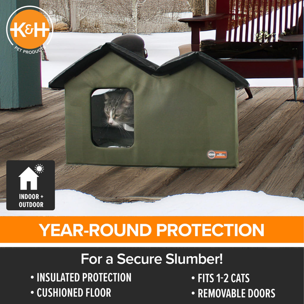 Extra-Wide Outdoor Cat House for Outside Pets, Weatherproof Outdoor House for Large Cats, Insulated Kitty Shelter, 2 Doors, Waterproof Removable Floor Pad, Unheated - Olive
