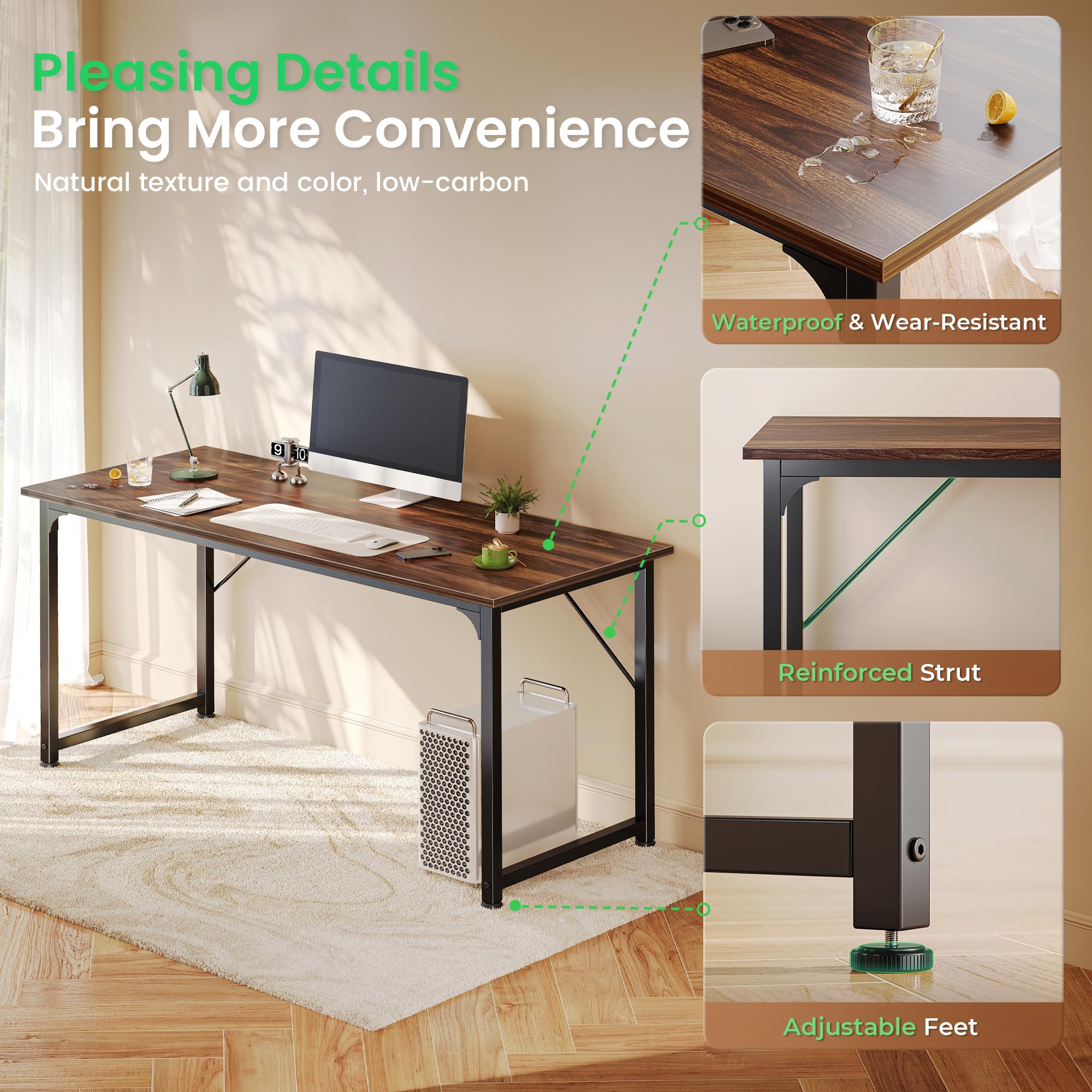Computer Desk, 54 Inch Office Desk, Gaming Desk with Storage, Writing Desk Work Desk for Home Office, Study, Modern Simple Desk, Large Legroom, Metal Frame, Walnut