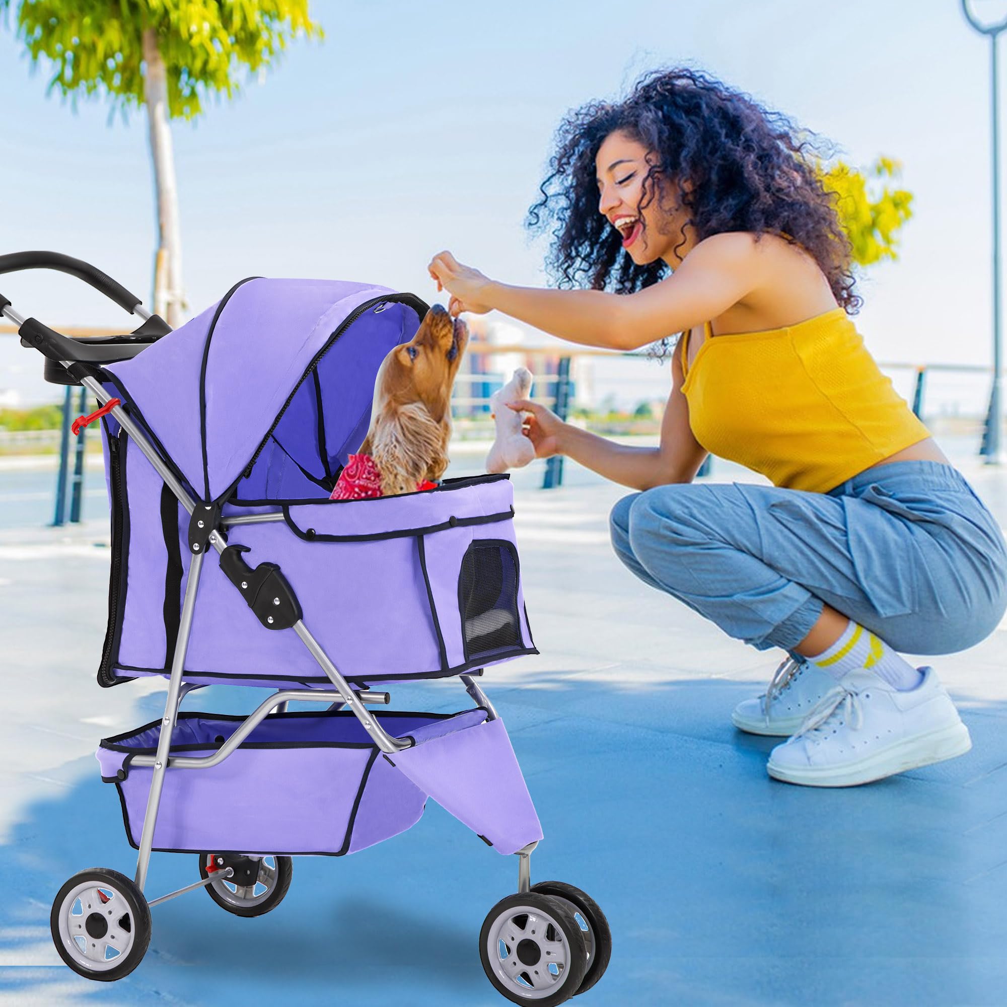 Pet Stroller 3-Wheel Durable Foldable Cat Dog Stroller with Washable Liner Storage Basket Cup Holder,Purple