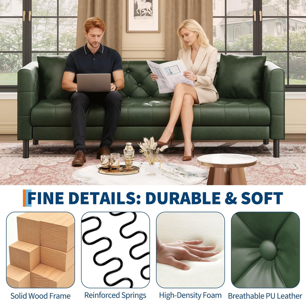 81 in Leather Couch for Living Room, Modern Sofa Couch with Deep Seat, Handmade Button Tufted 3 Seater Sofa, Leather Sofa for Apartment, Office, Green