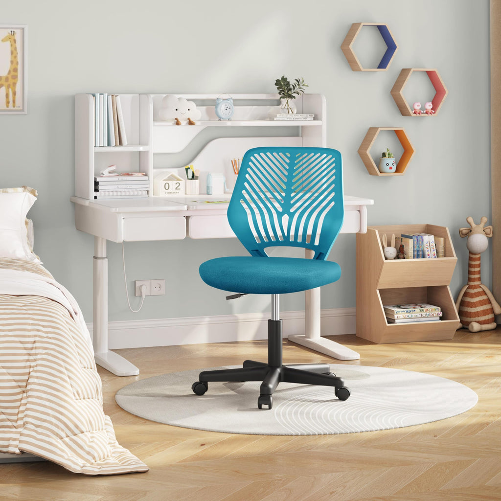 Kids Cute Office Chair Low-Back Armless Study Chair w/Lumbar Support Adjustable Height for Children in Bedroom School, Turquoise
