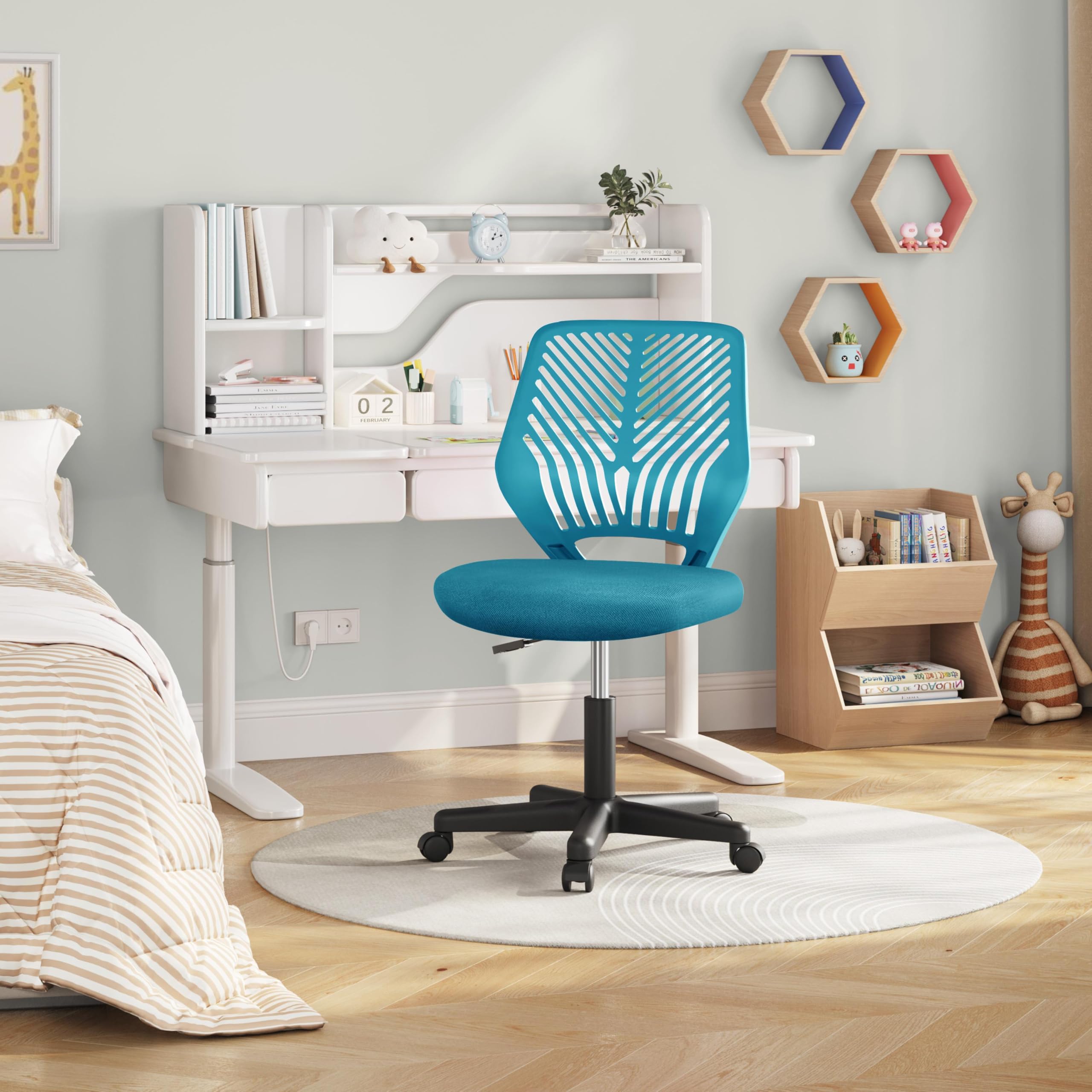 Kids Cute Office Chair Low-Back Armless Study Chair w/Lumbar Support Adjustable Height for Children in Bedroom School, Turquoise
