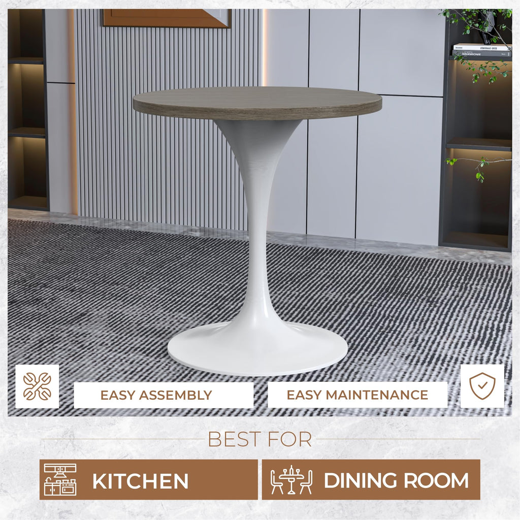 Mid-Century Modern 27 Inch Round Dining Table, MDF Wood Tabletop with White Steel Pedestal Base, Contemporary Kitchen & Dining Room Table, Small Space Breakfast Table, Dark Maple