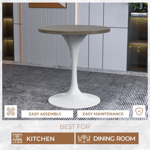 Mid-Century Modern 27 Inch Round Dining Table, MDF Wood Tabletop with White Steel Pedestal Base, Contemporary Kitchen & Dining Room Table, Small Space Breakfast Table, Dark Maple