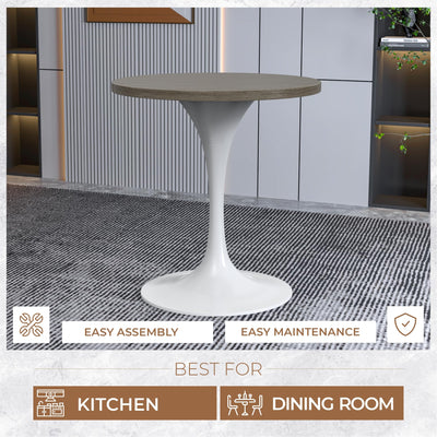 Mid-Century Modern 27 Inch Round Dining Table, MDF Wood Tabletop with White Steel Pedestal Base, Contemporary Kitchen & Dining Room Table, Small Space Breakfast Table, Dark Maple