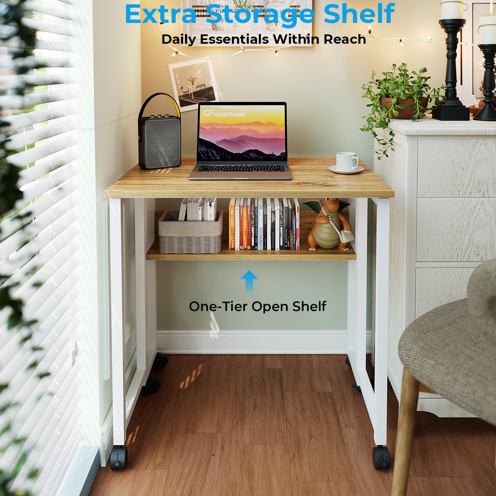 Folding Desk with Wheels, 31.5 Inch Compact Rolling Computer Table with Storage Shelf, Portable Mobile Workstation for Small Spaces, Easy Assembly, Oak