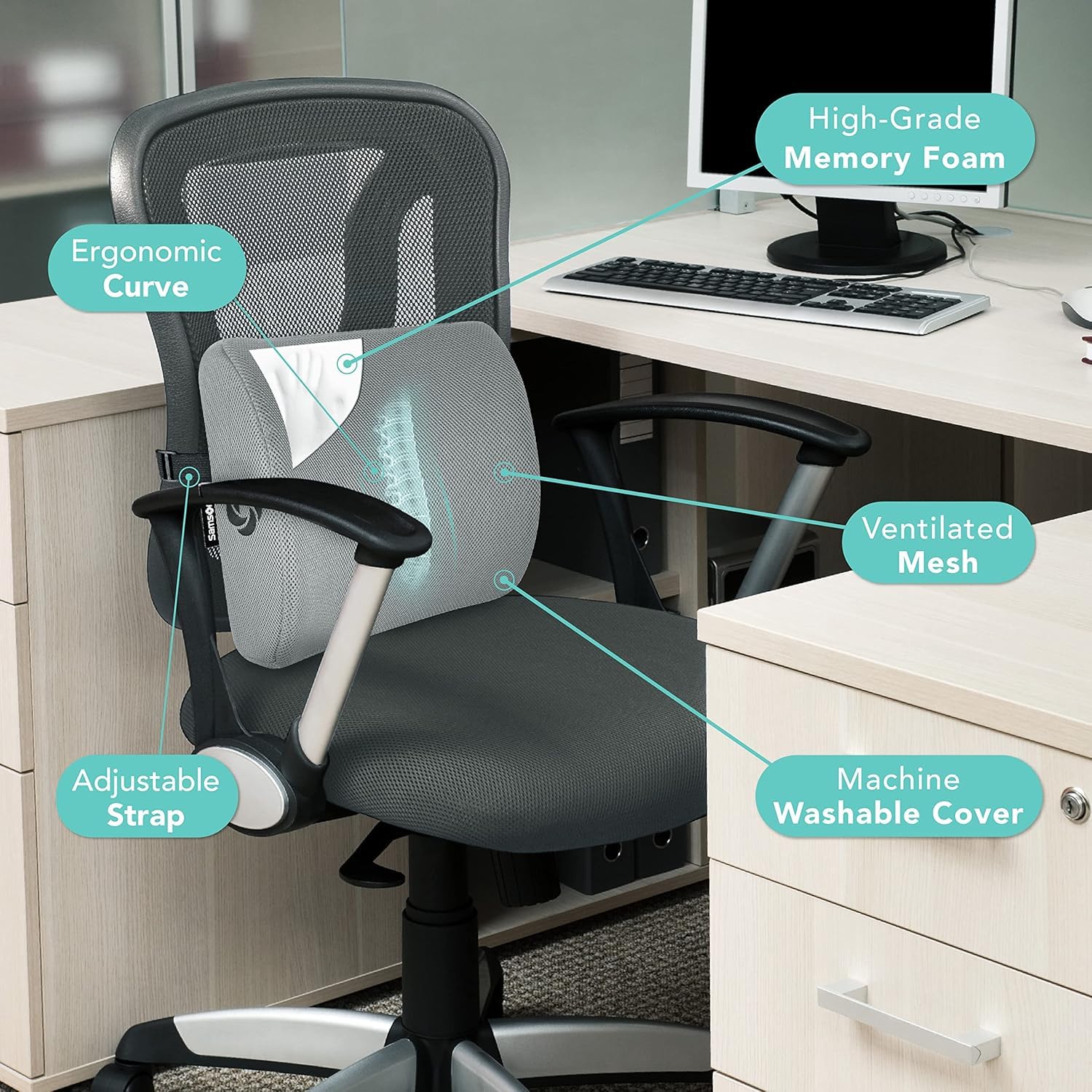 Memory Foam Lumbar Support Pillow for Office Chair, Gaming Chair & Car Seat Automotive Use, Ergonomic Back Cushion, Work from Home Essentials, Office Essentials for Sitting Comfort, Grey