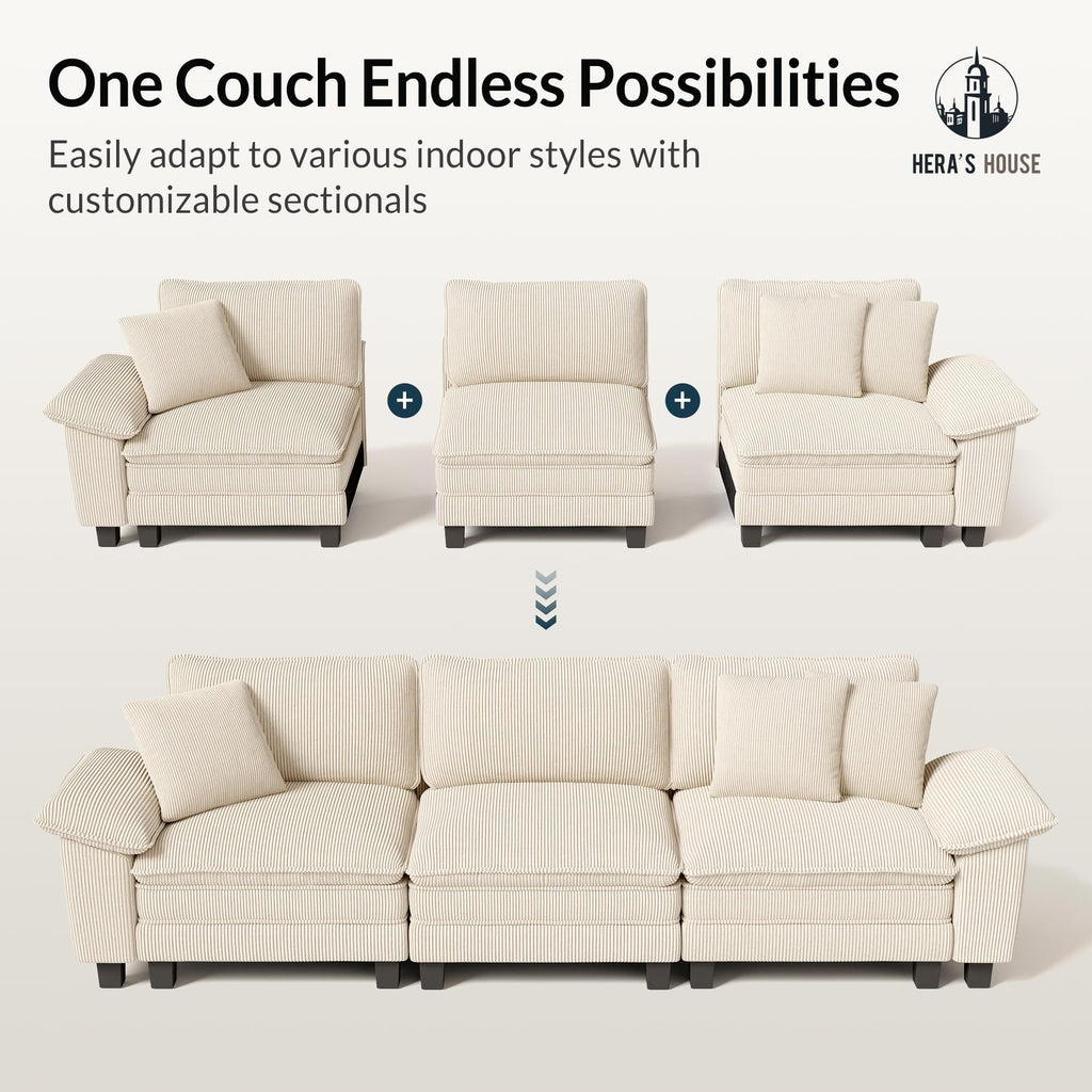 88" Modular Sectional Sofa, L Shaped Couches for Living Room, Comfy Cloud Couch with Ottoman, 3-Seater Deep Seat Sofa with Throw Pillow, Corduroy Beige
