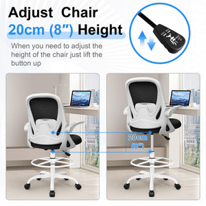 Drafting Chair Tall Office Chair with Flip-up Armrests, Adjustable Height, and Enhanced Lumbar Support - Ergonomic Rolling Stool, Back Support, and Adjustable Foot Rest Ring for Standing Desk White