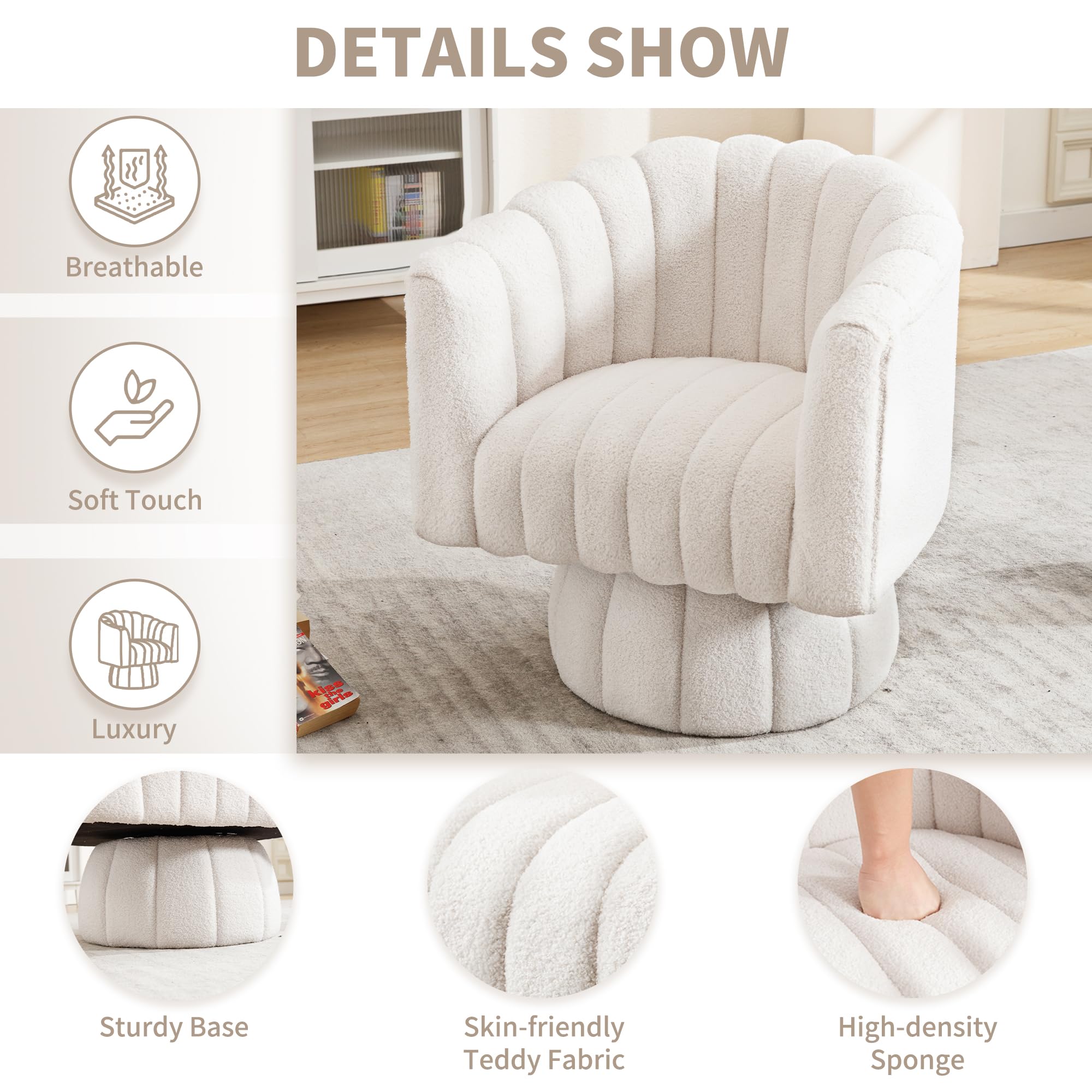 Swivel Accent Barrel Chair - Cute Comfy Small Round 360° Arm Chair Velvet Sofa Club Reading Chair for Living Room Bedroom Office White