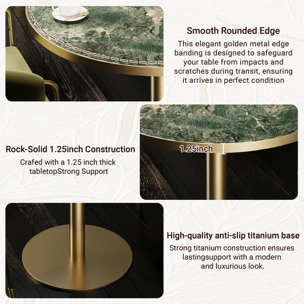 31.5" Tulip Table,Round Kitchen Dining Table for 2-4 with Thick Sintered Stone Top,Titanium Golden Pedestal Base,Heat-Resistant,Bistro Table for Dining Room,Café,Small Space（Emerald Essence）