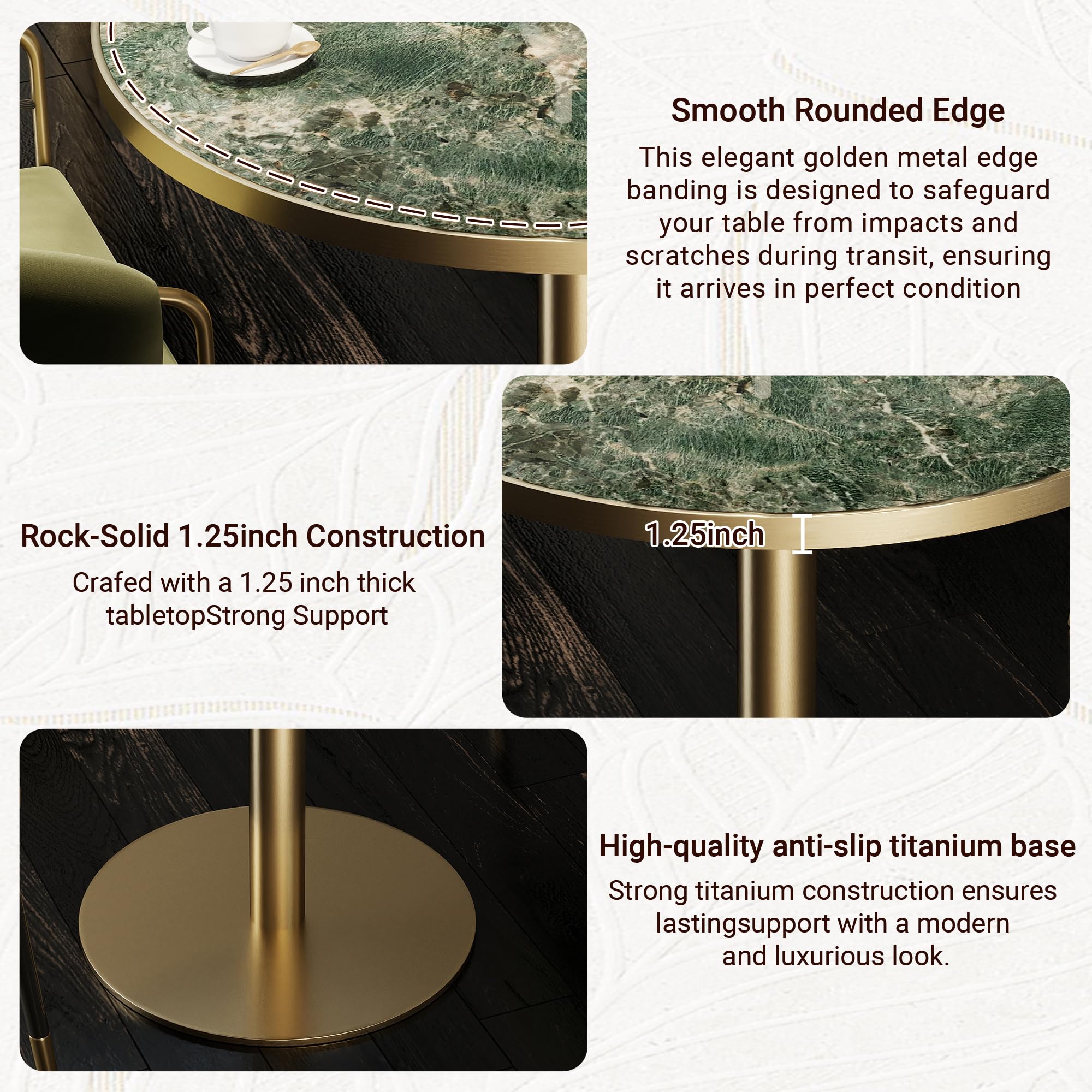 31.5" Tulip Table,Round Kitchen Dining Table for 2-4 with Thick Sintered Stone Top,Titanium Golden Pedestal Base,Heat-Resistant,Bistro Table for Dining Room,Café,Small Space（Emerald Essence）