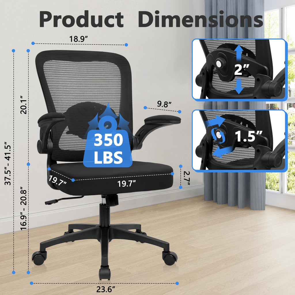 Home Office Desk Chair with Flip Up Armrests, Mesh Back Chair with Adjustable Height Lumbar Support, Ergonomic Computer Task Chair with Wheels for School, Conference, Black