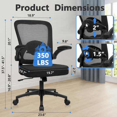 Home Office Desk Chair with Flip Up Armrests, Mesh Back Chair with Adjustable Height Lumbar Support, Ergonomic Computer Task Chair with Wheels for School, Conference, Black(2PK)