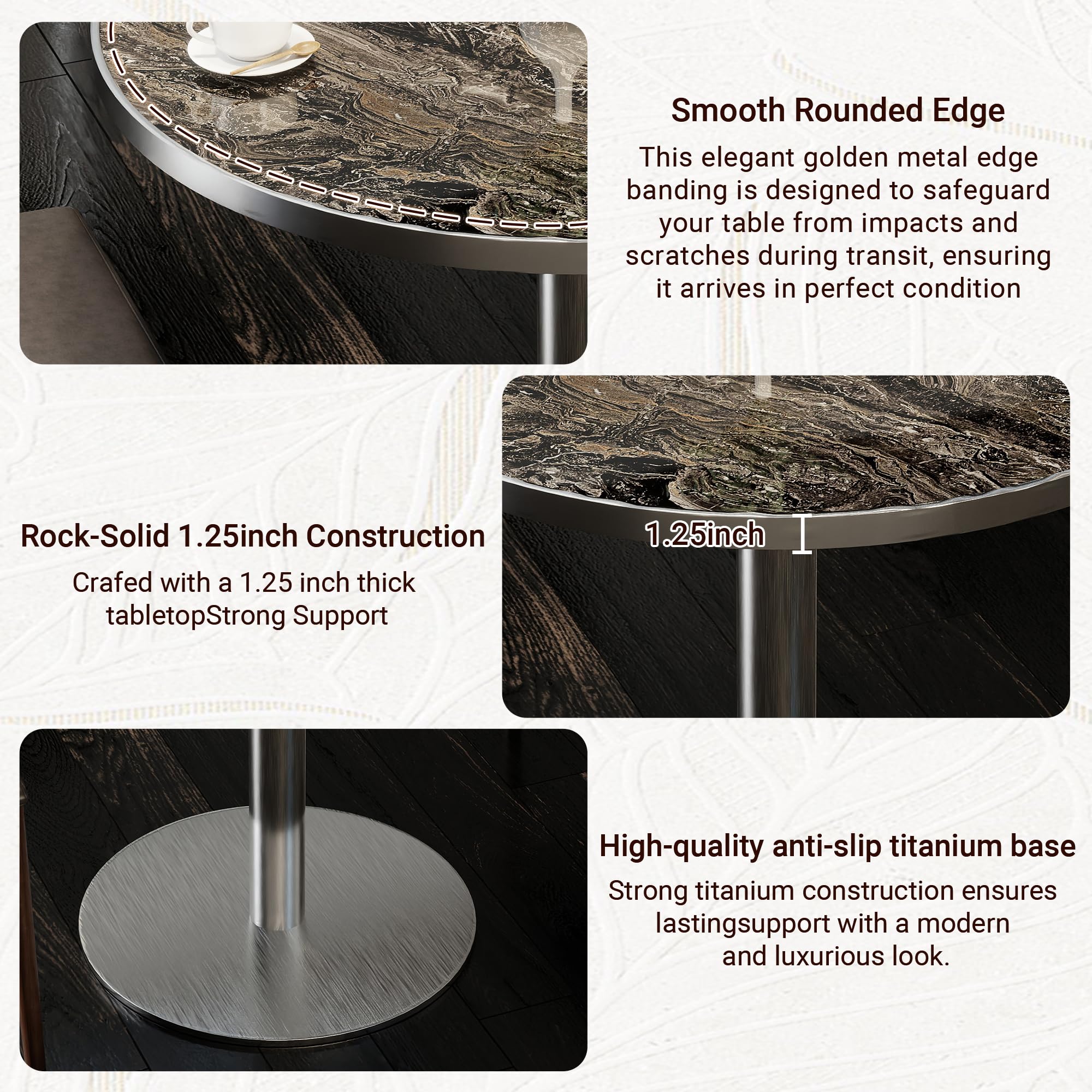 31.5" Tulip Table,Round Kitchen Dining Table for 2-4 with Thick Sintered Stone Top,Titanium Golden Pedestal Base,Heat-Resistant,Bistro Table for Dining Room,Café,Small Space（Dusk Strata）