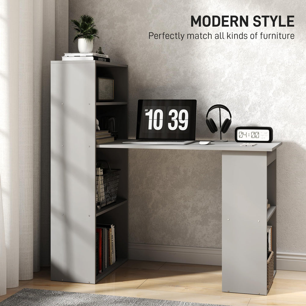 Modern Home Office Desk with 6-Tier Storage Shelves, 47" Writing Desk with Bookshelf, Gray