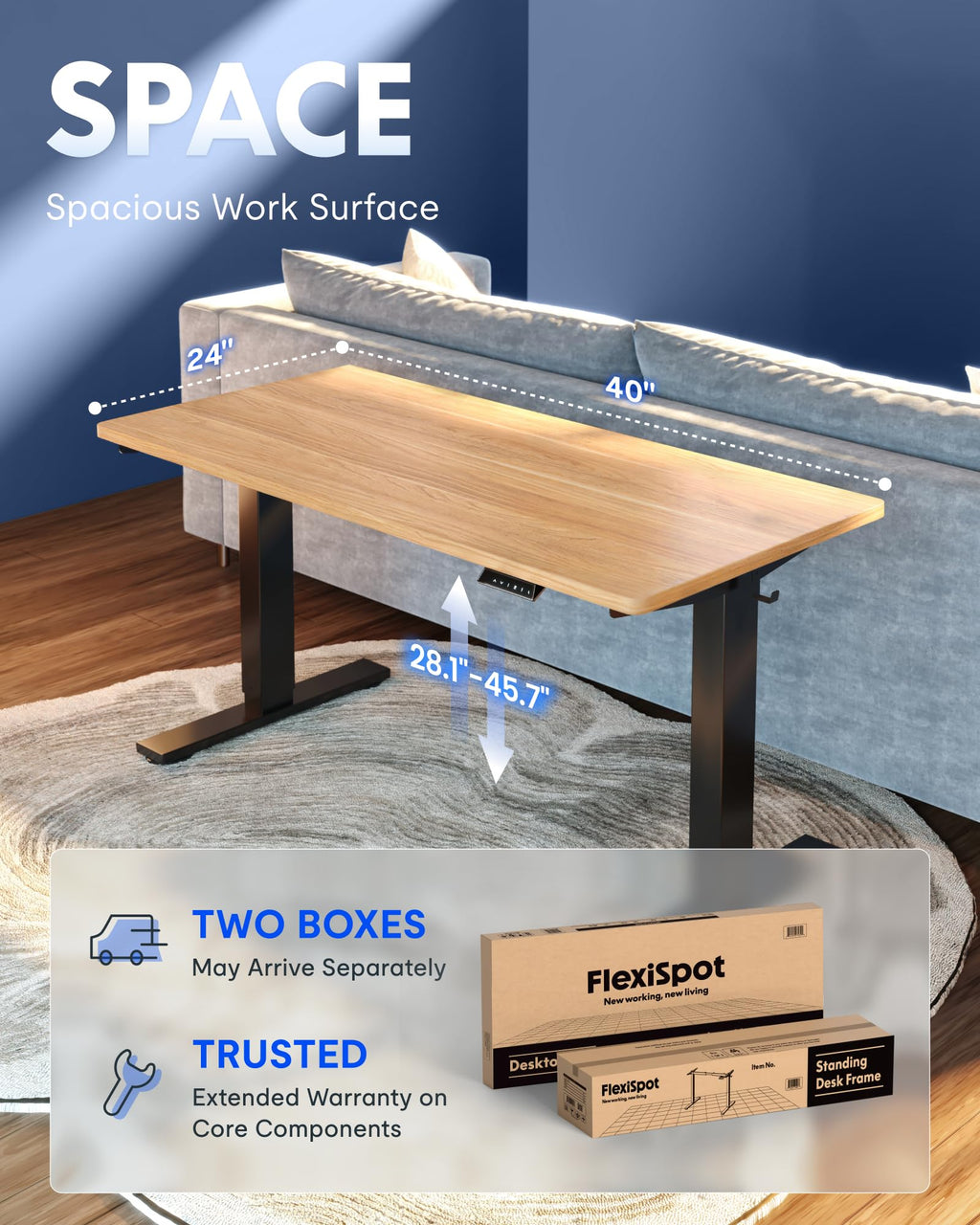 EN1 One-Piece Standing Desk, Electric Adjustable with 4 Memory Presets, 176 LBS Capacity, Stable & Quiet, Seamless Desktop for Home Office & Dual Monitors, 40"x24" Maple