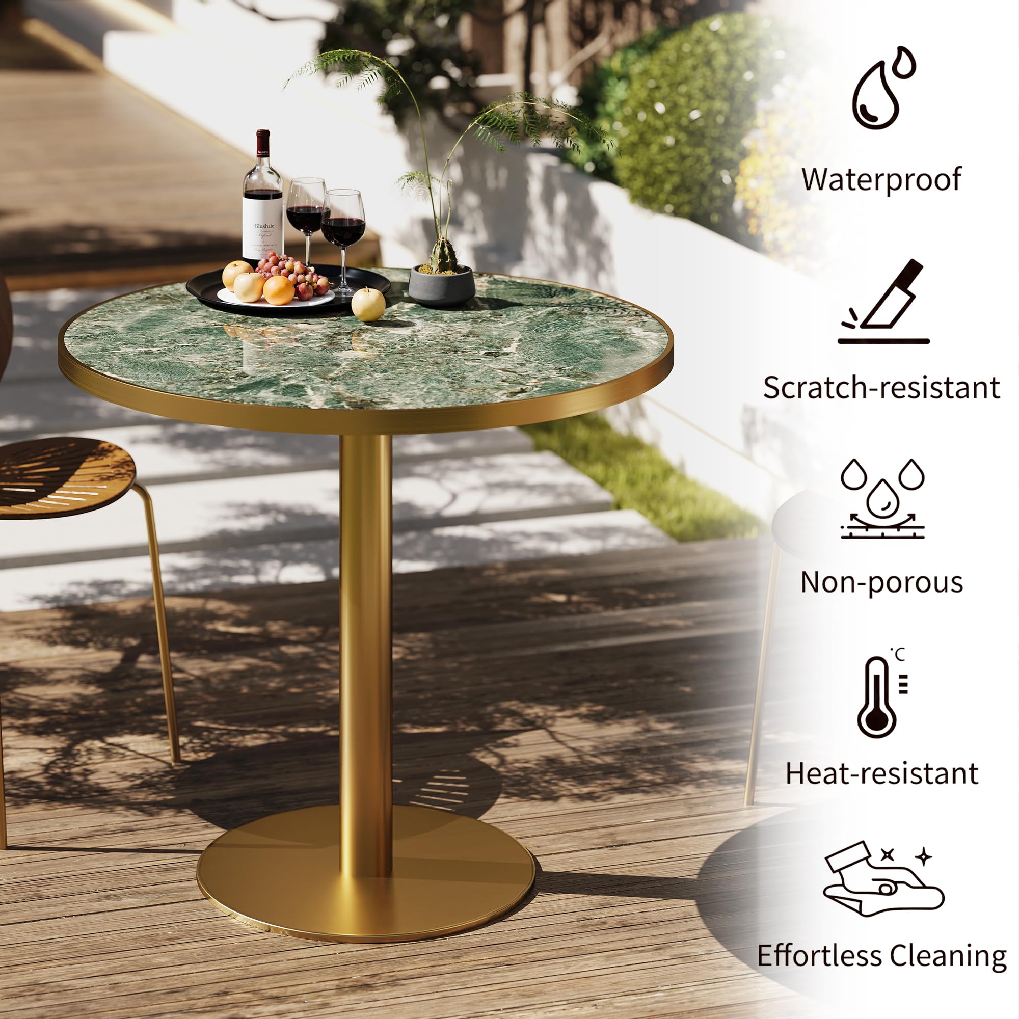 31.5" Tulip Table,Round Kitchen Dining Table for 2-4 with Thick Sintered Stone Top,Titanium Golden Pedestal Base,Heat-Resistant,Bistro Table for Dining Room,Café,Small Space（Emerald Essence）