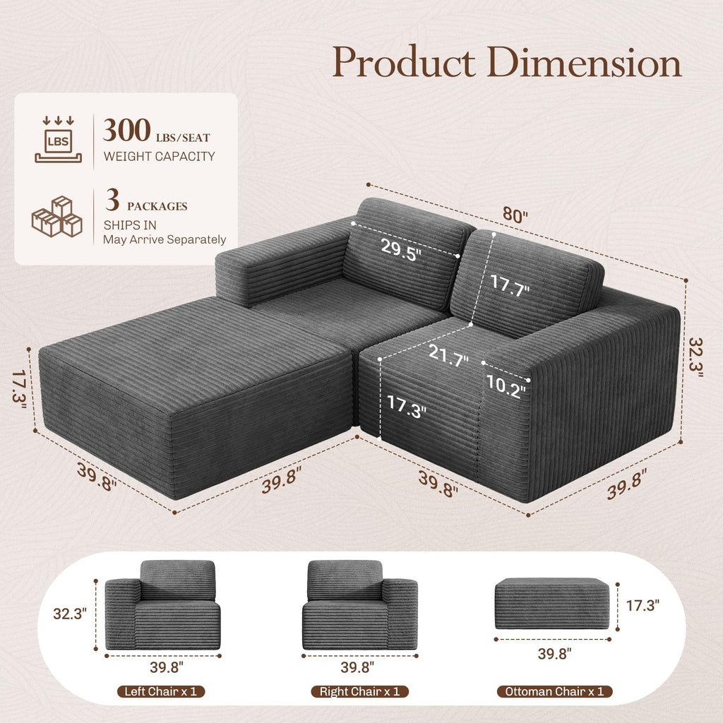 80" Modular Sectional Sofa, Corduroy Cloud Couch with Deep Seats & Spring Support, Compact 2 Seater Boneless Couch, L-Shaped Modular Sofa for Small Spaces, Apartments, No Assembly, Grey